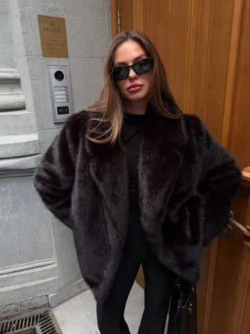 Damen Kunstpelz Fuchspelz-Imitat Mantel Mode Reverskragen Dick Warm Winterjacke Langarm Mittellang Dunkelbraun