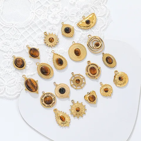 18K Gold Plated Stainless Steel Tiger Eye Stone Pendants For DIY Necklace Bracelet Earring Jewelry Making Vintage Geometric Heart Sun Charms