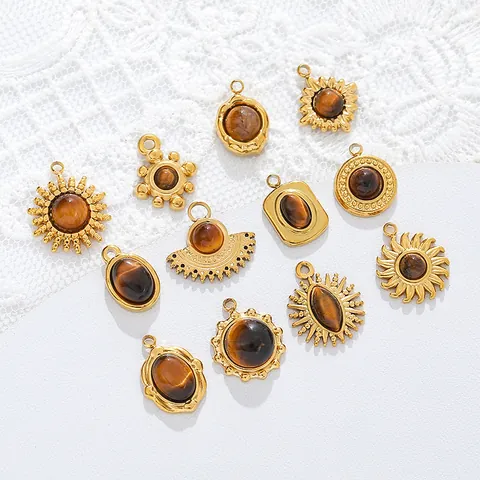 Tiger Eye Stone Titanium Steel Pendant 18K Gold Plated Stainless Steel Charm For DIY Necklace Bracelet Earrings Jewelry Accessories