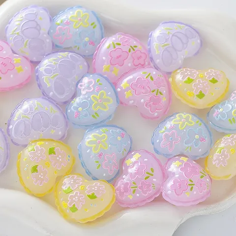 Acrylic Heart Embossed Beads Floral Print Pillow Shape Loose Beads For DIY Keychain Phone Chain Bag Pendant Accessory