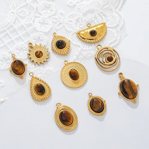 18K Gold Plated Stainless Steel Tiger Eye Stone Pendants For DIY Necklace Bracelet Earring Jewelry Making Vintage Geometric Heart Sun Charms