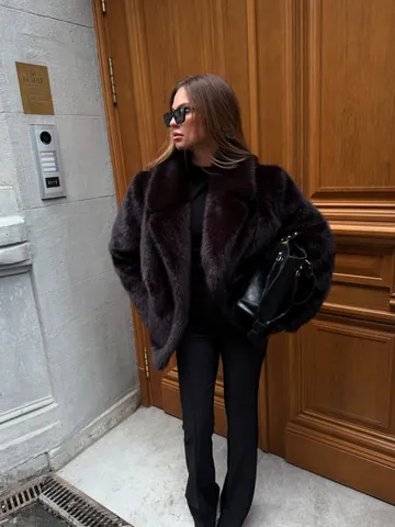 Damen Kunstpelz Fuchspelz-Imitat Mantel Mode Reverskragen Dick Warm Winterjacke Langarm Mittellang Dunkelbraun