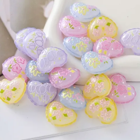 Acrylic Heart Embossed Beads Floral Print Pillow Shape Loose Beads For DIY Keychain Phone Chain Bag Pendant Accessory