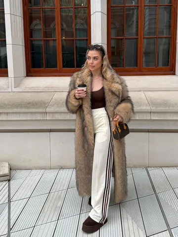 Damen Kunstpelzmantel Extra Lang Reverskragen Winter Warm Elegant Khaki Farbverlauf Plüschjacke