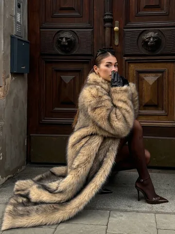 Damen Fuchspelzimitat Mantel Lang Warm Winter Jacke Mit Reverskragen Einfarbig Kunstpelz Übermantel Lässige Oberbekleidung