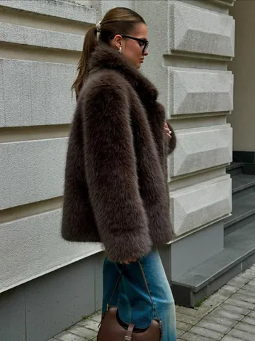 Damen Mittellange Kunstpelzmantel Herbst Winter Warme Kunstfuchsfell Jacke Reverskragen Lässig Oberbekleidung Pendler Mantel