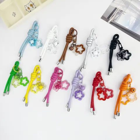 DIY PU Leather Cord Keychain Star Pendant Bell Bag Charm Creative Handwoven Phone Chain Jewelry Accessory