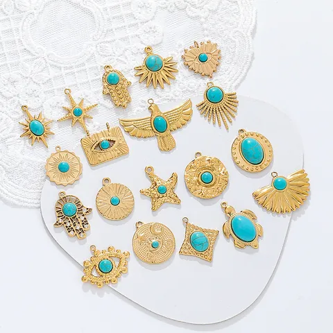 Stainless Steel 18K Gold Plated Artificial Turquoise Pendants DIY Jewelry Making Hamsa Hand Evil Eye Sun Star Heart Charms