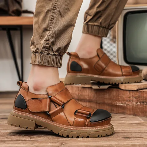 Men Top Layer Cowhide Leather Work Shoes Vintage Round Toe Platform Martin Shoes Casual British Style Low Top Outdoor Shoes