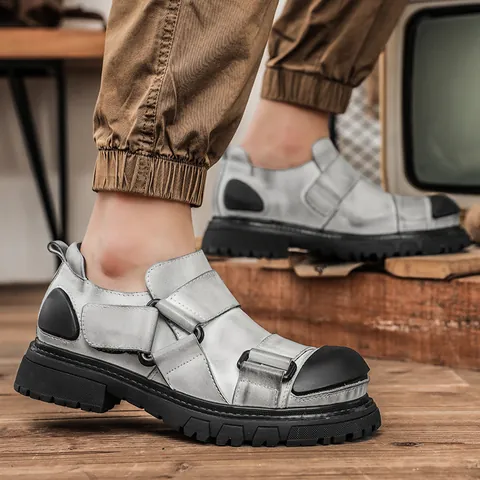 Men Top Layer Cowhide Leather Work Shoes Vintage Round Toe Platform Martin Shoes Casual British Style Low Top Outdoor Shoes