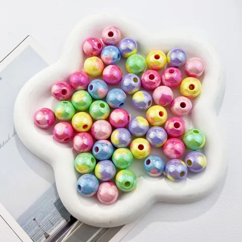 Acrylic Heart Print Round Beads 3mm Hole Colorful UV Electroplated Loose Beads For DIY Keychain Phone Chain Jewelry Making Accessories