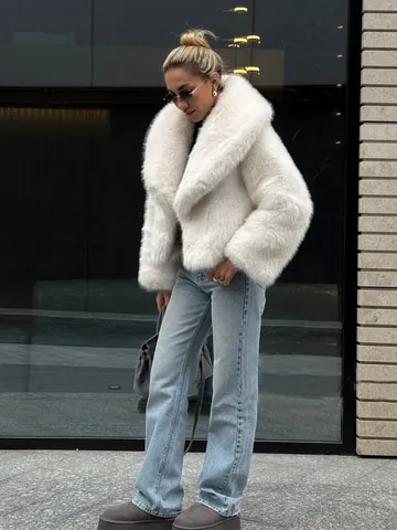 Damen Luxus Kunstpelzmantel Eleganter Schalkragen Künstliche Fuchs Pelzjacke Winter Warm Einfarbig Locker Plüsch Oberbekleidung Top
