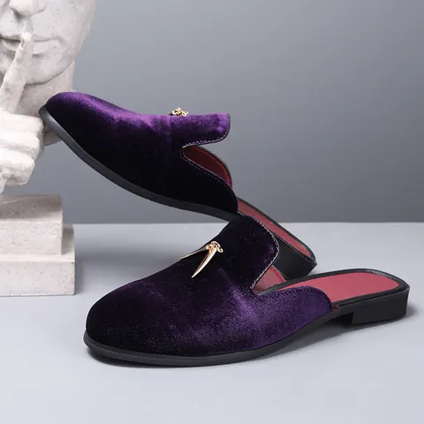 Men's Casual Velvet Mules With Gold Metal Buckle Non-Slip Rubber Sole Breathable Half Slippers Loafers For Men Fashion Mules