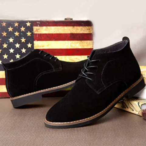Men's High Top Split Suede Cowhide Chukka Boots British Style Round Toe Lace-up Business Casual Leather Shoes
