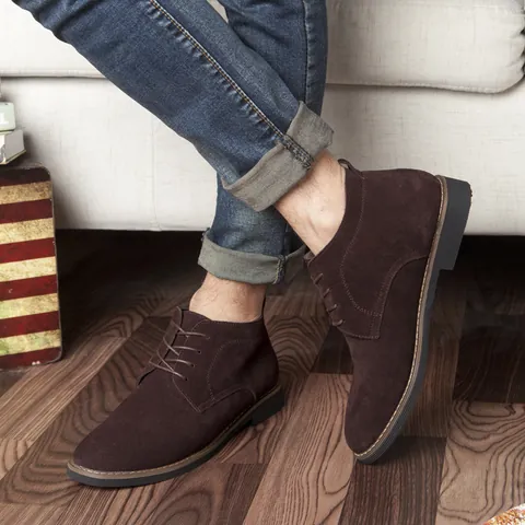 Men's High Top Split Suede Cowhide Chukka Boots British Style Round Toe Lace-up Business Casual Leather Shoes