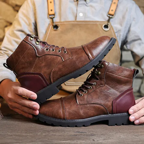 Men's Martin Boots Retro British Style High-Top Work Boots PU Leather Color Block Side Zipper Non-Slip Rubber Sole Fashion Boots