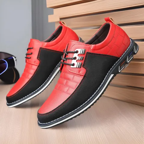 Scarpe Casual da Uomo in Pelle PU Traspiranti Antiscivolo Stringate a Punta Tonda con Blocco di Colore Sneaker alla Moda