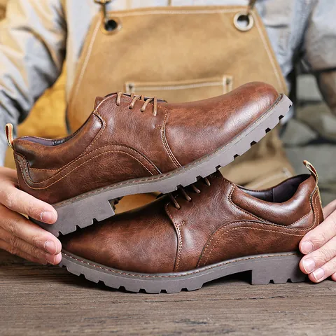 Scarpe Derby in Pelle Vintage da Uomo Stile Britannico Casual Lavoro All'aperto Taglia Grande Antiscivolo Suola Spessa