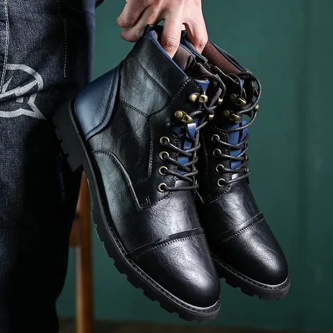 Men's Martin Boots Retro British Style High-Top Work Boots PU Leather Color Block Side Zipper Non-Slip Rubber Sole Fashion Boots
