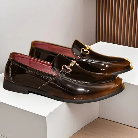 Men's British Style Patent Leather Loafers With Metal Horsebit Detail Breathable Slip On Formal Shoes For Business Wedding Party Fashion Footwear