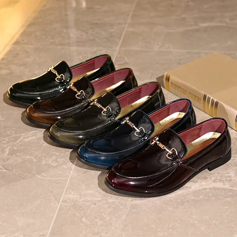 Men's British Style Patent Leather Loafers With Metal Horsebit Detail Breathable Slip On Formal Shoes For Business Wedding Party Fashion Footwear