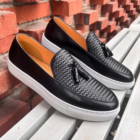 Heren Business Casual Kwastje Loafers Kunstleer Gevlochten Textuur Slip-on Skateschoenen Witte Dikke Zool Mode Heren Platte Schoenen