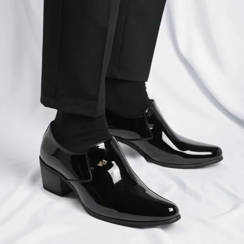 Ανδρικά Επίσημα Δερμάτινα Παπούτσια Cuban Heels με Αύξηση Ύψους Μυτερά Χωρίς Κορδόνια για Συμπόσιο Χορό Πάρτι