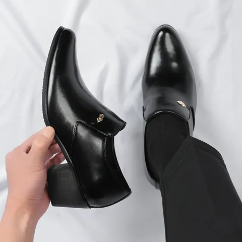 Ανδρικά Επίσημα Δερμάτινα Παπούτσια Cuban Heels με Αύξηση Ύψους Μυτερά Χωρίς Κορδόνια για Συμπόσιο Χορό Πάρτι