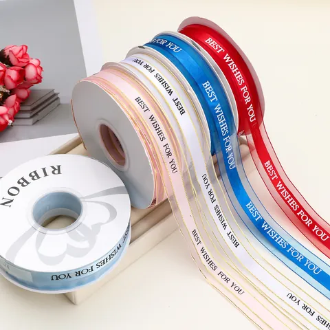 Nastro in Rete con Bordo Dorato Nastro in Tulle Satinato Traslucido Stampa Best Wishes per Bouquet di Fiori Confezioni Regalo Decorazioni per Pasticceria Festa Matrimonio Accessori Fai da Te