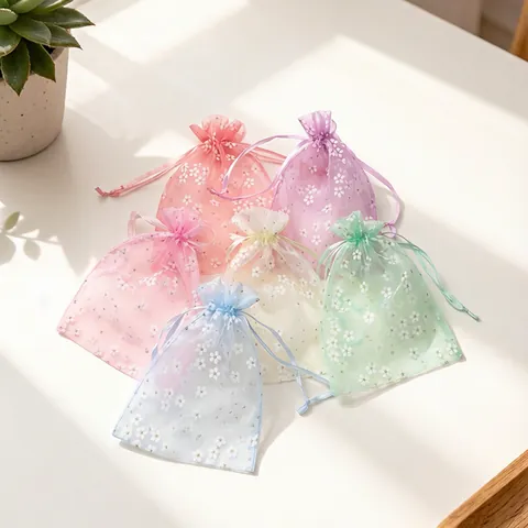 Bloemen Geprinte Organza Trekkoord Zakjes Transparante Gaas Sieradenzakjes Geschenkverpakking Zakken Voor Bruiloft Feest