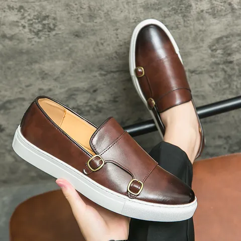 Heren Business Casual Monk Strap Loafers Britse Stijl Kunstleer Instappers Platte Schoenen Witte Zool Board Schoenen