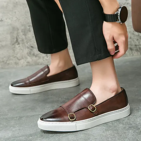 Heren Business Casual Monk Strap Loafers Britse Stijl Kunstleer Instappers Platte Schoenen Witte Zool Board Schoenen