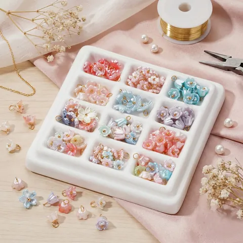 Iridescent Pearl ABS Flower Pendant With Metal Ring Iridescent Luster 3D Floral Charms For DIY Handmade Earring Necklace Jewelry Making Accessories
