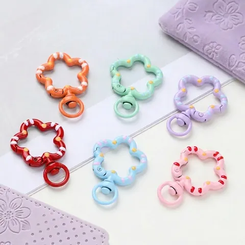 Hand-Painted Enamel Flower Spring Clasp Alloy Open Ring DIY Bag Keychain Accessory Connector Floral Swivel Hook