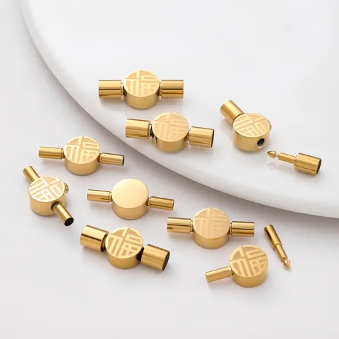 Stainless Steel Gold Fu Character Bracelet Connector Clasp DIY Jewelry Finding Prosperity Button Connection Joint Buckle For Leather Rope Red String