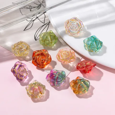 3D Rose Flower Lampwork Glass Beads Gold Rimmed Iridescent Spacer Beads For Handmade DIY Jewelry Bracelets Phone Chains