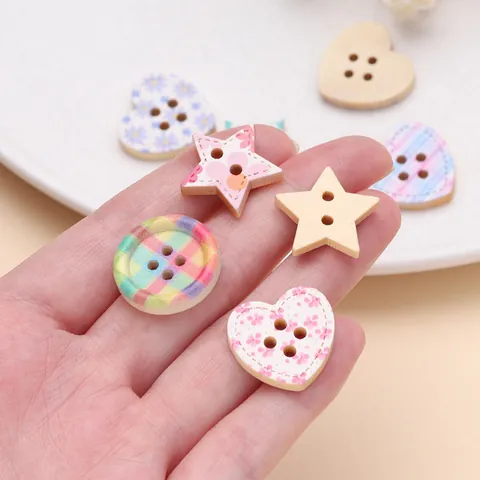 Bottoni in Legno Stampati a Fiori e Quadri Forma Tonda Cuore Stella Bottoni da Cucito per Accessori Abbigliamento Fai da Te