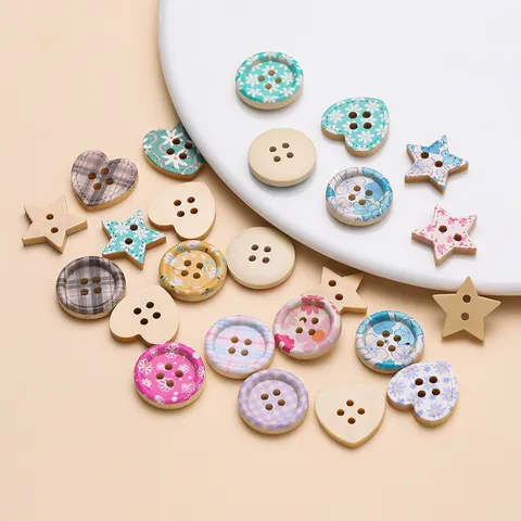Gemengde Houten Beschilderde Decoratieve Knoppen Bloem Ruit Hart Ster Rond Voor DIY Handgemaakte Kleding Handwerk Naaiaccessoires