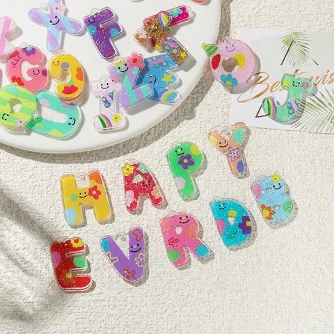 Colorful Acrylic Alphabet Charms For DIY Jewelry Making Cute Smiley Face Flower Printed Glitter Letter Pendants For Keychain Earring Accessories
