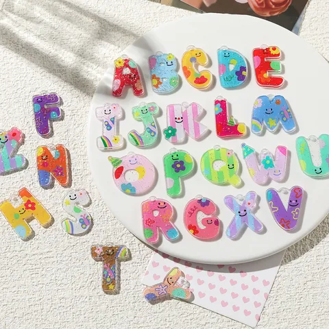 Colorful Acrylic Alphabet Charms For DIY Jewelry Making Cute Smiley Face Flower Printed Glitter Letter Pendants For Keychain Earring Accessories