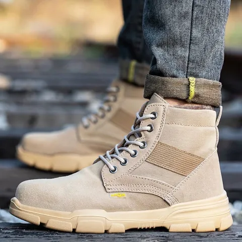 Winter Sicherheitsschuhe Für Herren Stahlkappe Durchtrittsicher Stoßfest High Top Wildleder Wolle Gefüttert Warm Bau Arbeitsschuhe