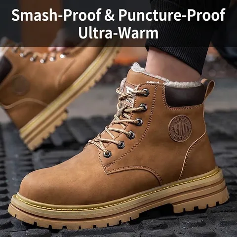 Men High Top Safety Shoes Anti-Smashing Anti-Piercing Work Boots Microfiber Leather Winter Warm Plush Lining Rubber Sole
