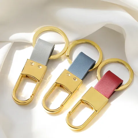 Zinc Alloy Genuine Leather Car Keychain Horseshoe D-Ring Buckle Metal Key Ring Strap For Men Women Electroplated Ornament