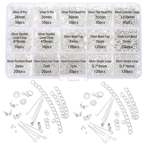 15 Vakken DIY Handgemaakte Sieraden Accessoires Set Goud Zilver Kreeft Sluitingen Jump Ringen Spelden Verlengkettingen Kits