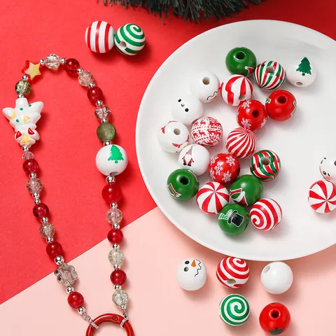 Kerstserie Sneeuwvlok Spiraal Bedrukte Houten Kralen DIY Sieraden Maken Ronde Houten Kralen Feestdagen Decoratie Accessoires