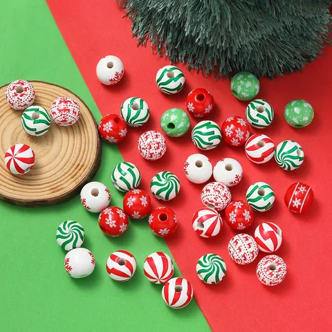 Kerstserie Sneeuwvlok Spiraal Bedrukte Houten Kralen DIY Sieraden Maken Ronde Houten Kralen Feestdagen Decoratie Accessoires