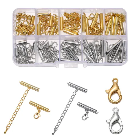 DIY Jewelry Findings Slide Tube Clasp Set Gold Silver Electroplated Slider End Caps Lobster Clasps Extension Chains With Storage Box