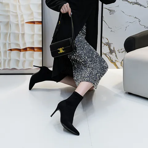 Women Fashion Black Elastic Sock Boots Stiletto High Heel Mid-Tube Slim Fit Pointed Toe Short Boots Sexy Autumn Winter Shoes
