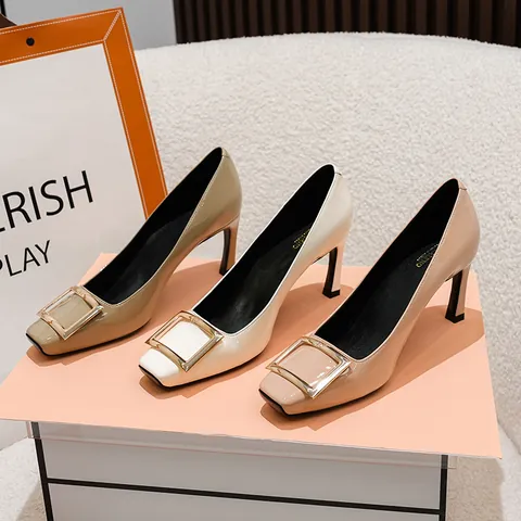 Women's French Retro Square Toe Pumps Patent Leather Metal Square Buckle Stiletto Heels Office Commute Party Dress Shoes