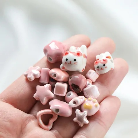 Pink Ceramic Loose Beads Irregular Cute Cat Heart Star Shape Cream Texture Glazed Ceramic Beads For DIY Jewelry Making Accessories